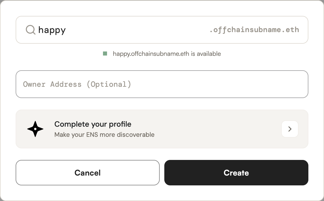 Create subname dialog with an available label, optional owner address, Complete your profile, and Create button