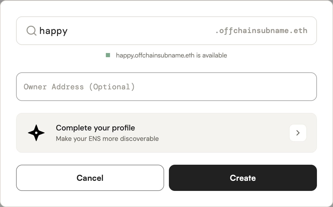 Create subname dialog with an available label, optional owner address, Complete your profile, and Create button
