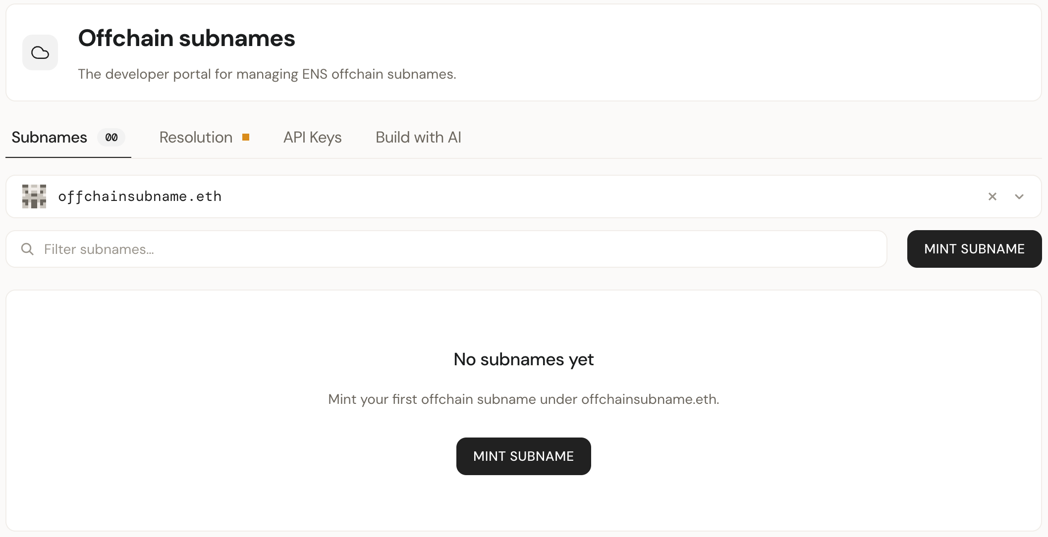 Subnames tab with a parent ENS name selected and the Mint subname button