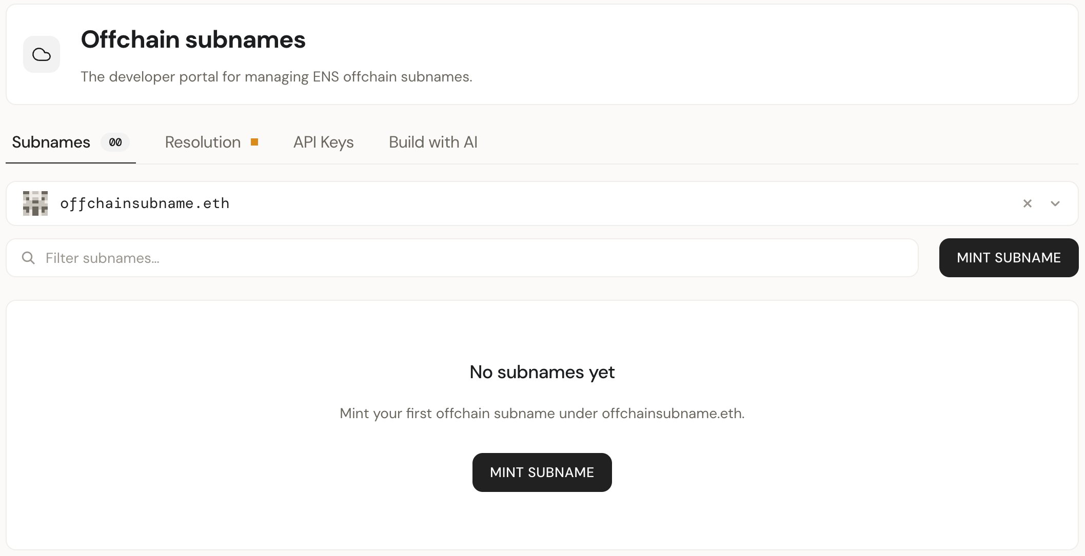 Subnames tab with a parent ENS name selected and the Mint subname button