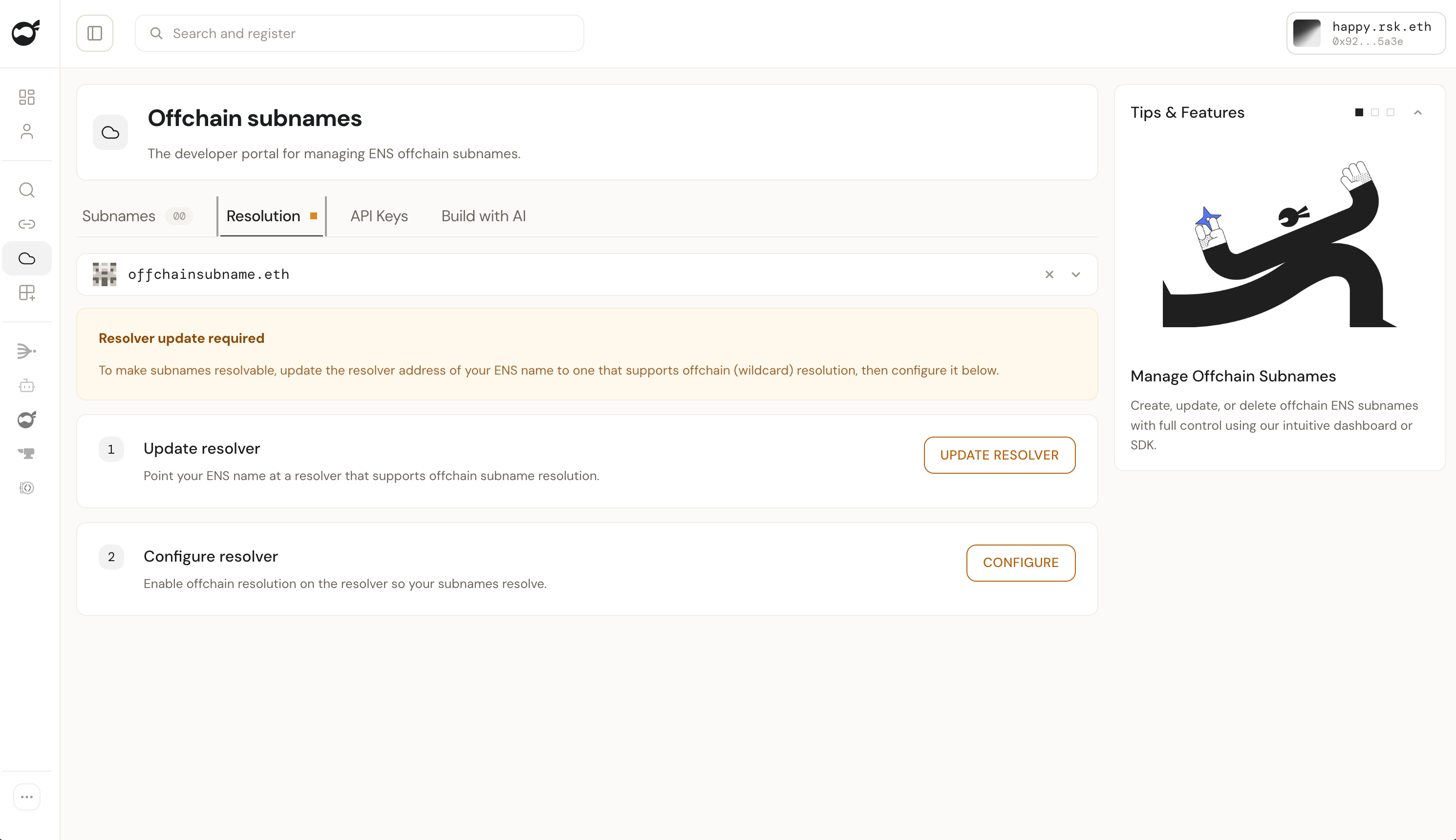 Resolution tab with Update resolver and Configure buttons for the selected parent name