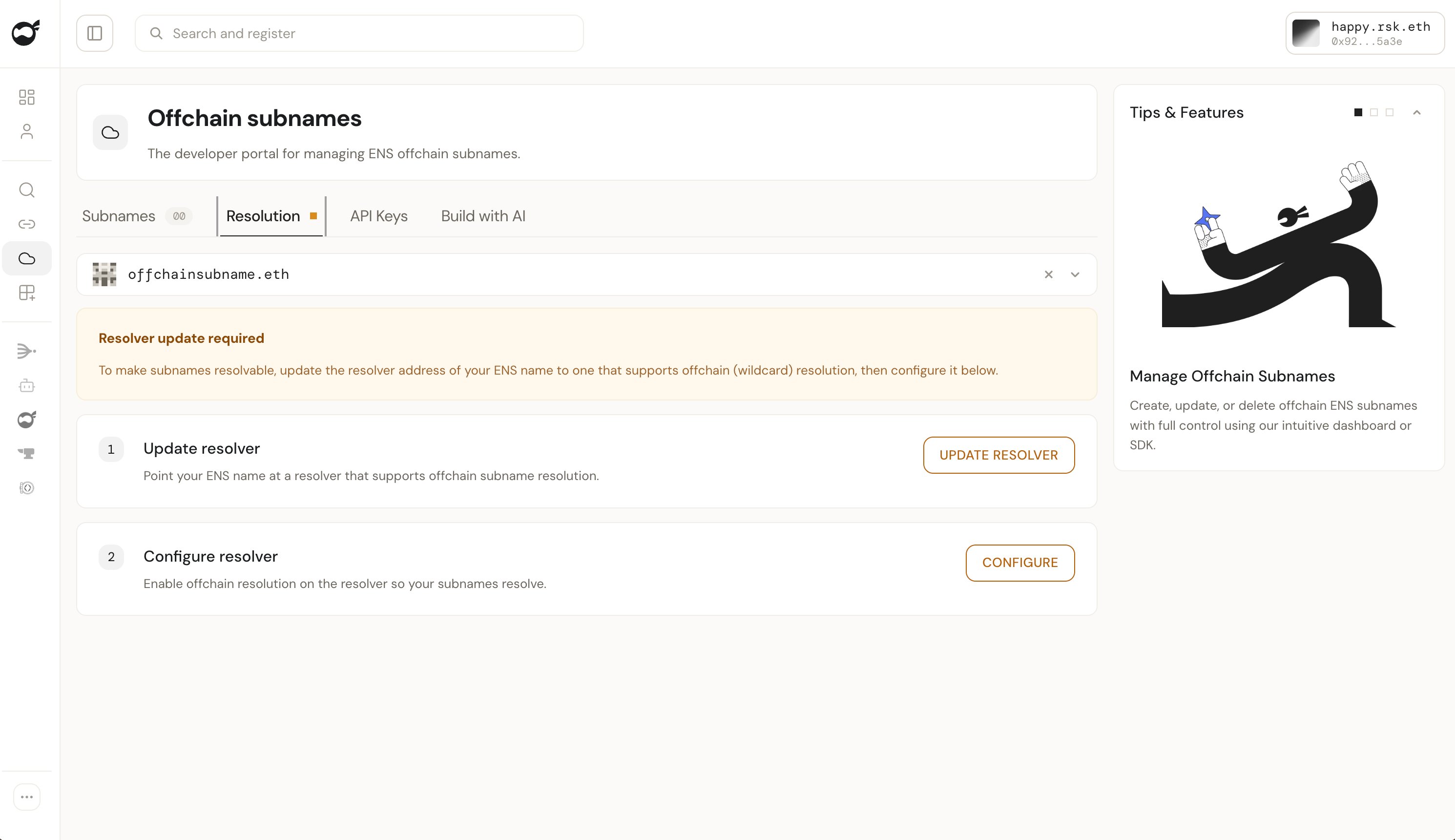 Resolution tab with Update resolver and Configure buttons for the selected parent name