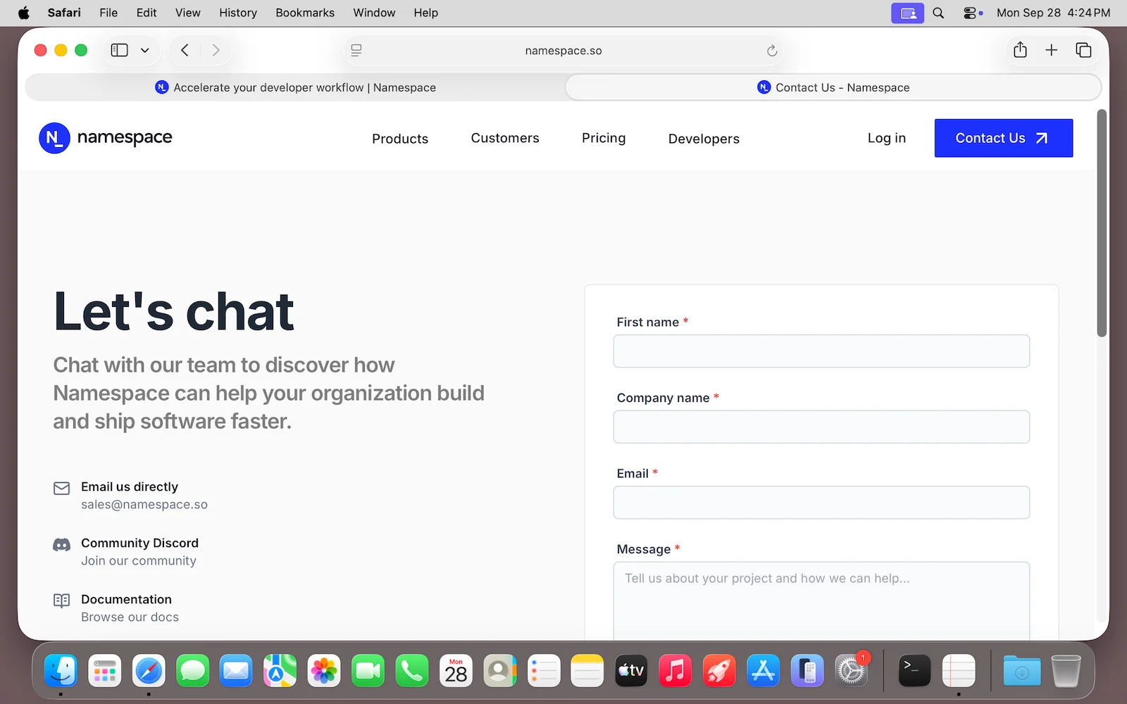 The screenshot after the click, with the namespace.so contact page open in a new Safari tab