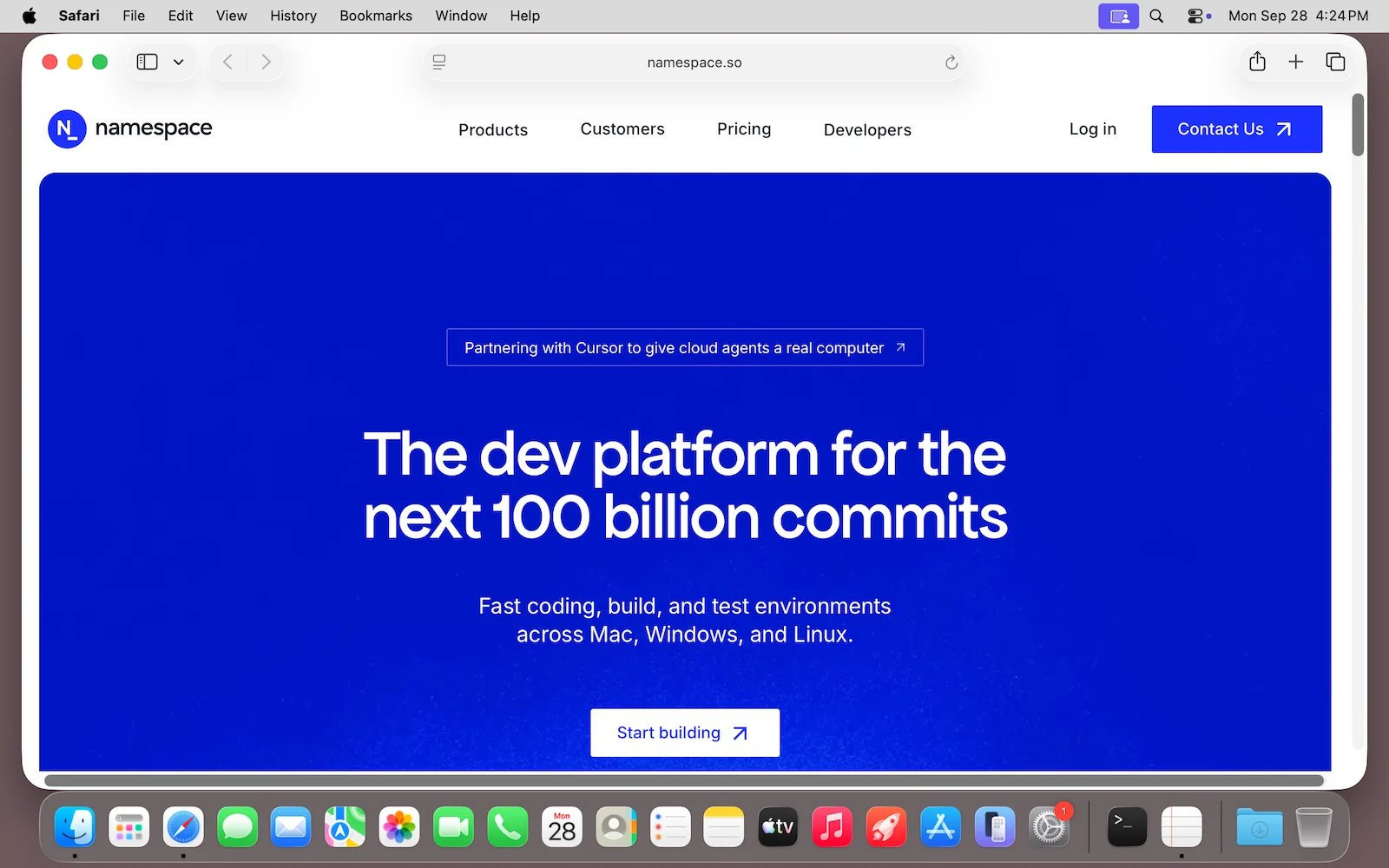 A screenshot of a macOS Devbox desktop with namespace.so open in Safari