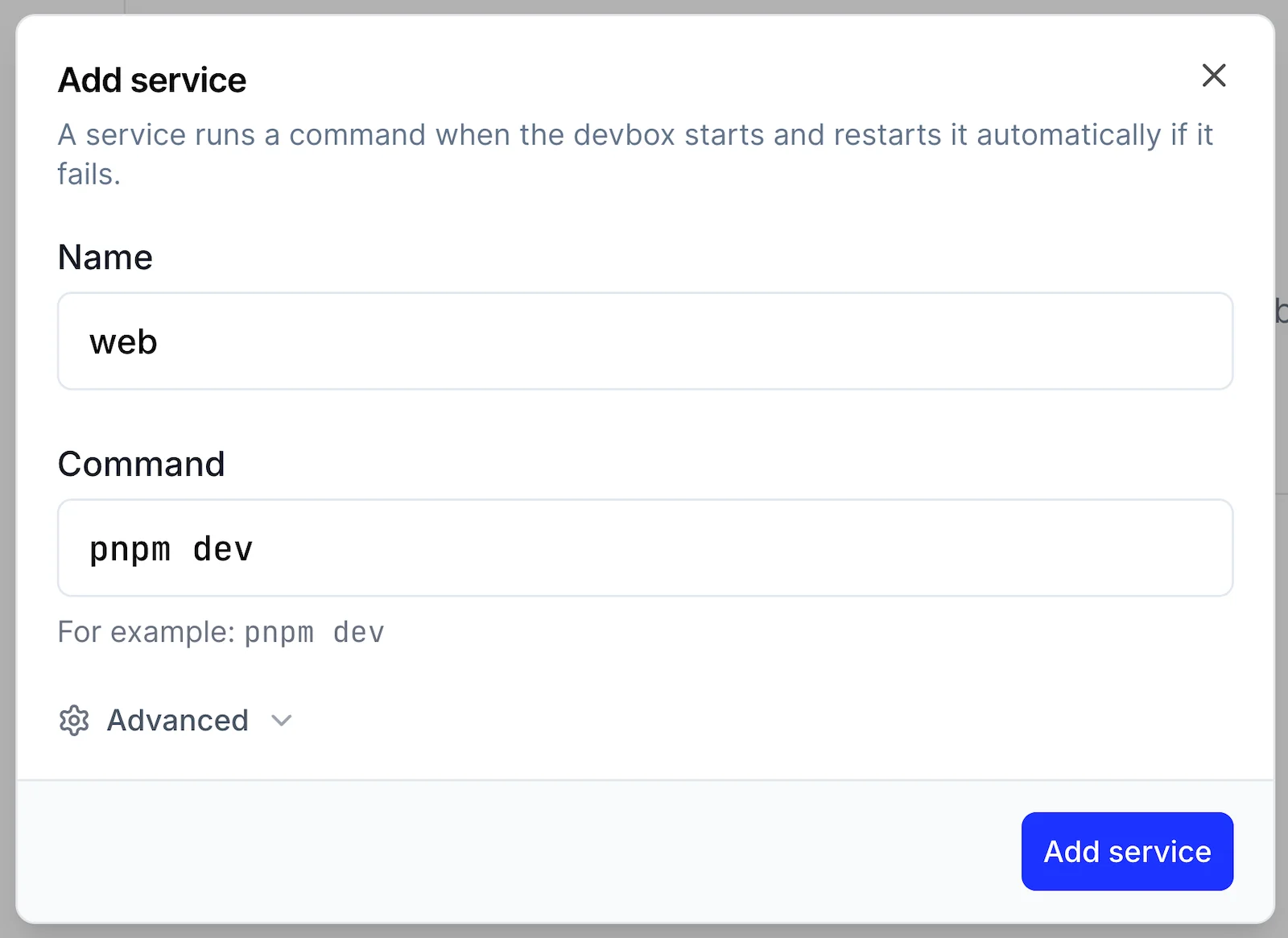 The Add service dialog with the name web and the command pnpm dev