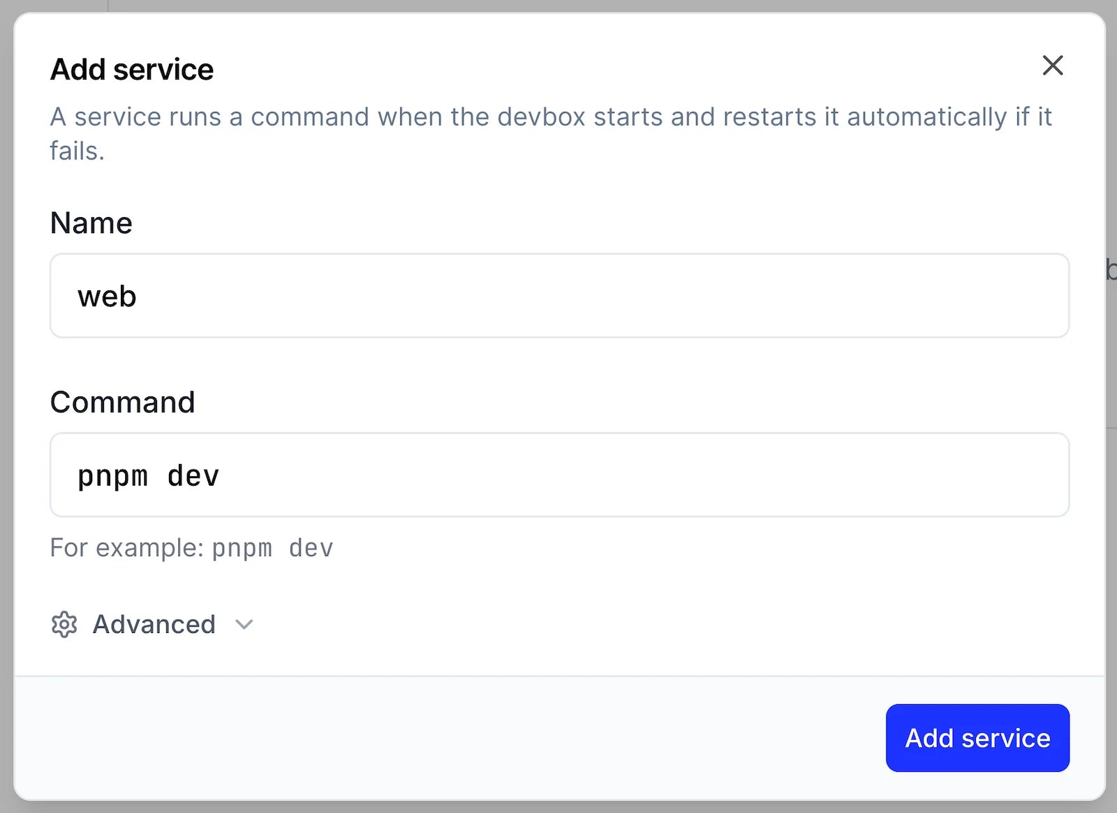 The Add service dialog with the name web and the command pnpm dev