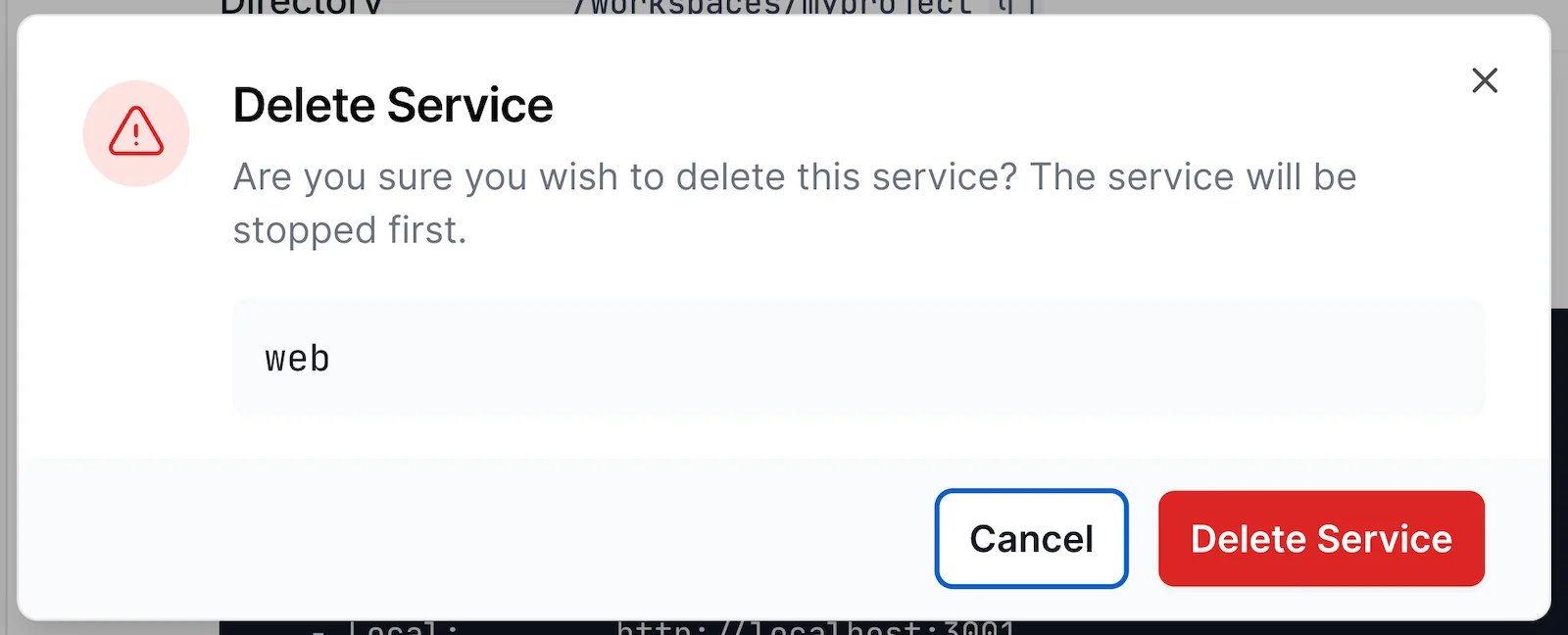 The Delete Service confirmation dialog for the web service