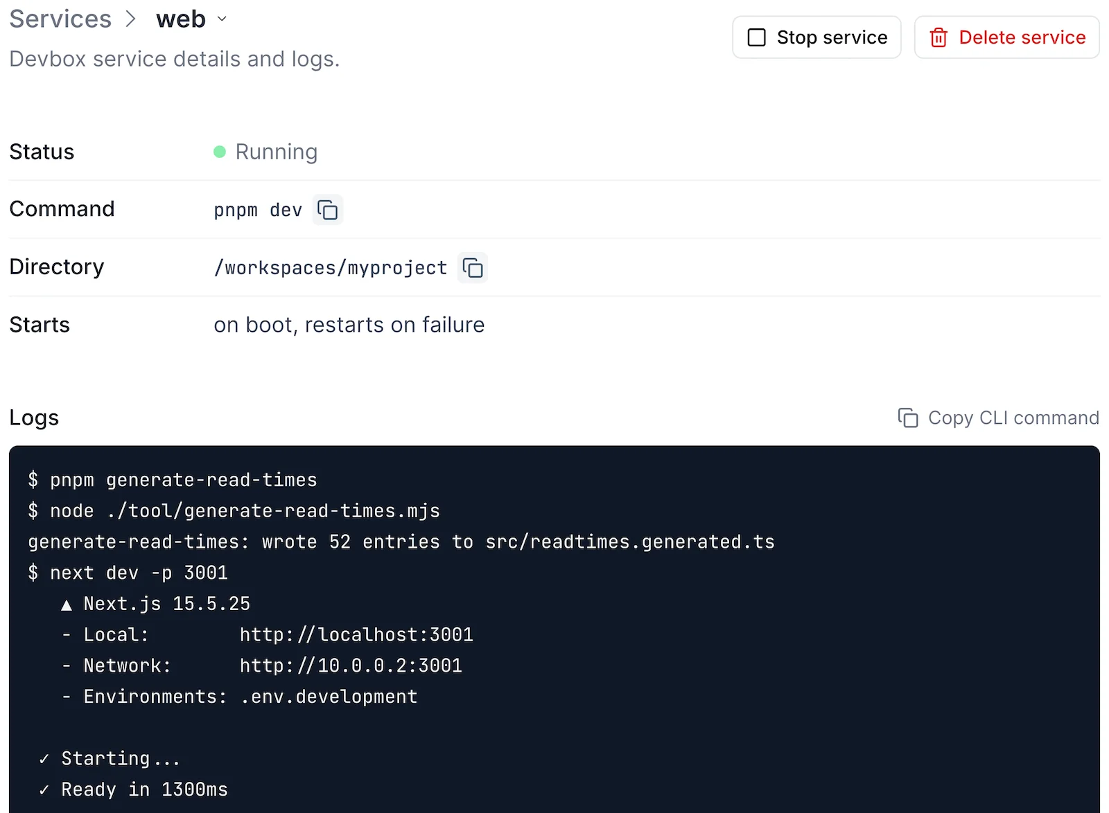 The detail page of the web service with its status, command, directory, and streaming logs