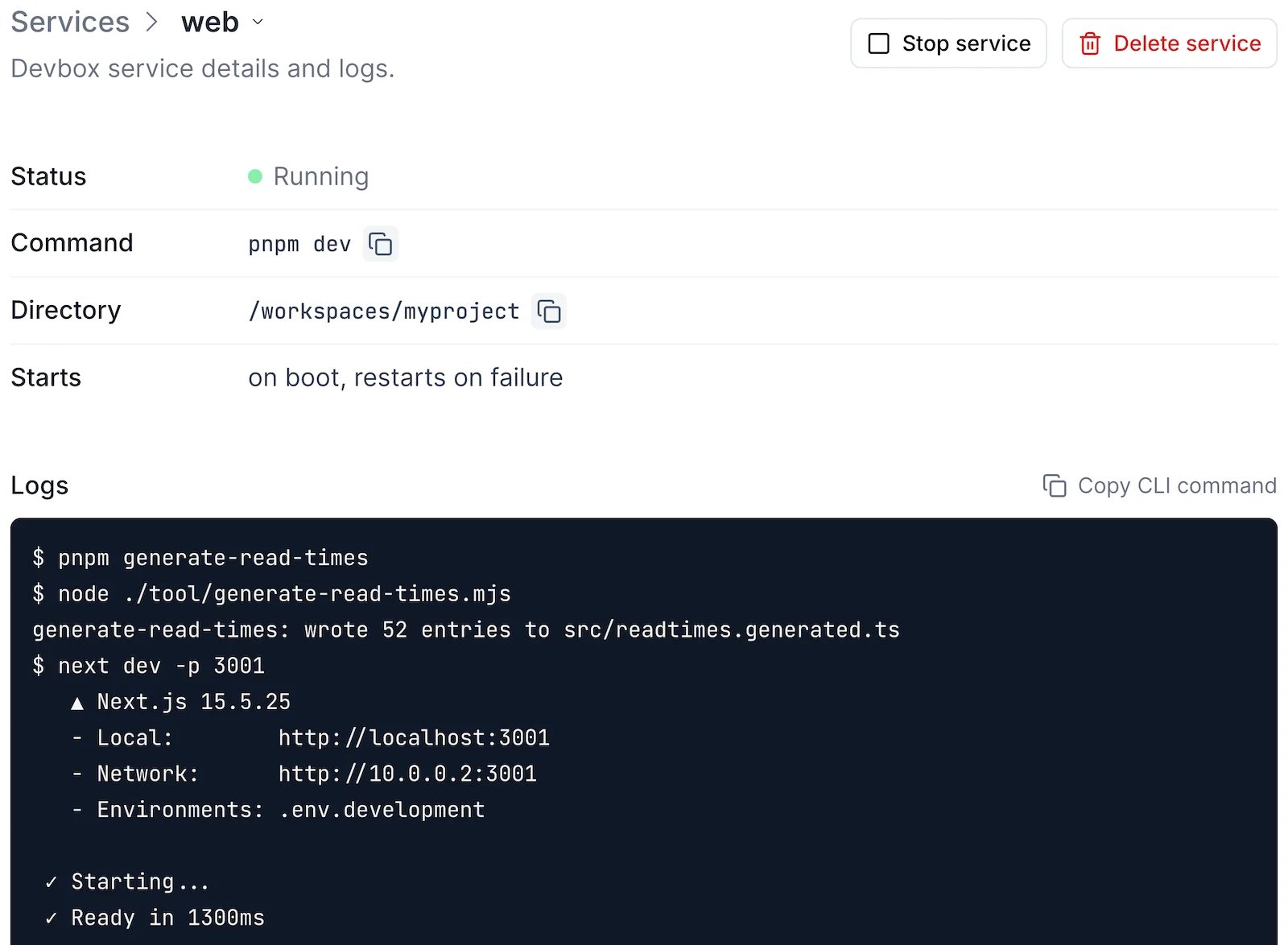 The detail page of the web service with its status, command, directory, and streaming logs
