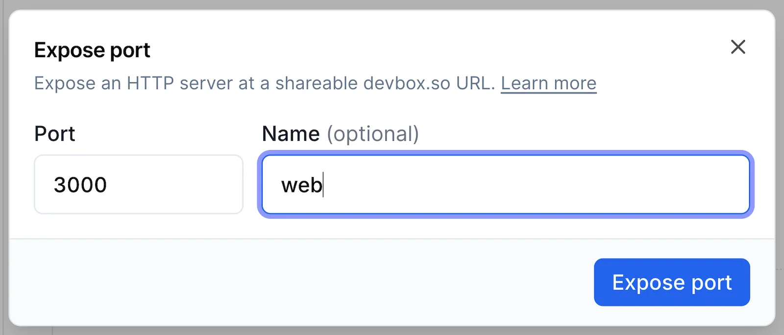 The Expose port dialog with port 3000 and the name web entered