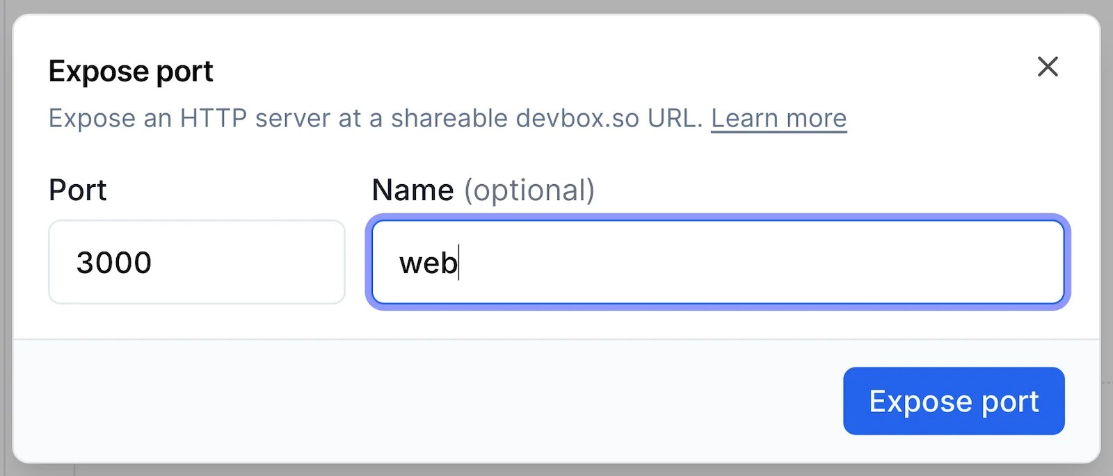 The Expose port dialog with port 3000 and the name web entered