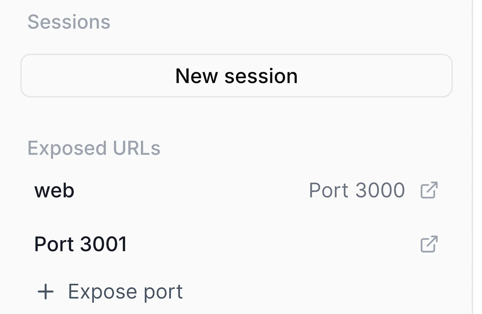 The Exposed URLs section of the Devbox sidebar listing web on port 3000 and an unnamed port 3001