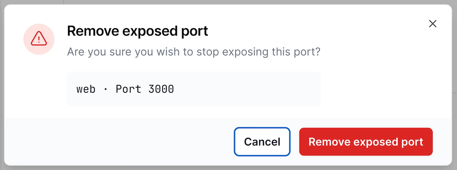 The Remove exposed port confirmation dialog for the web URL on port 3000