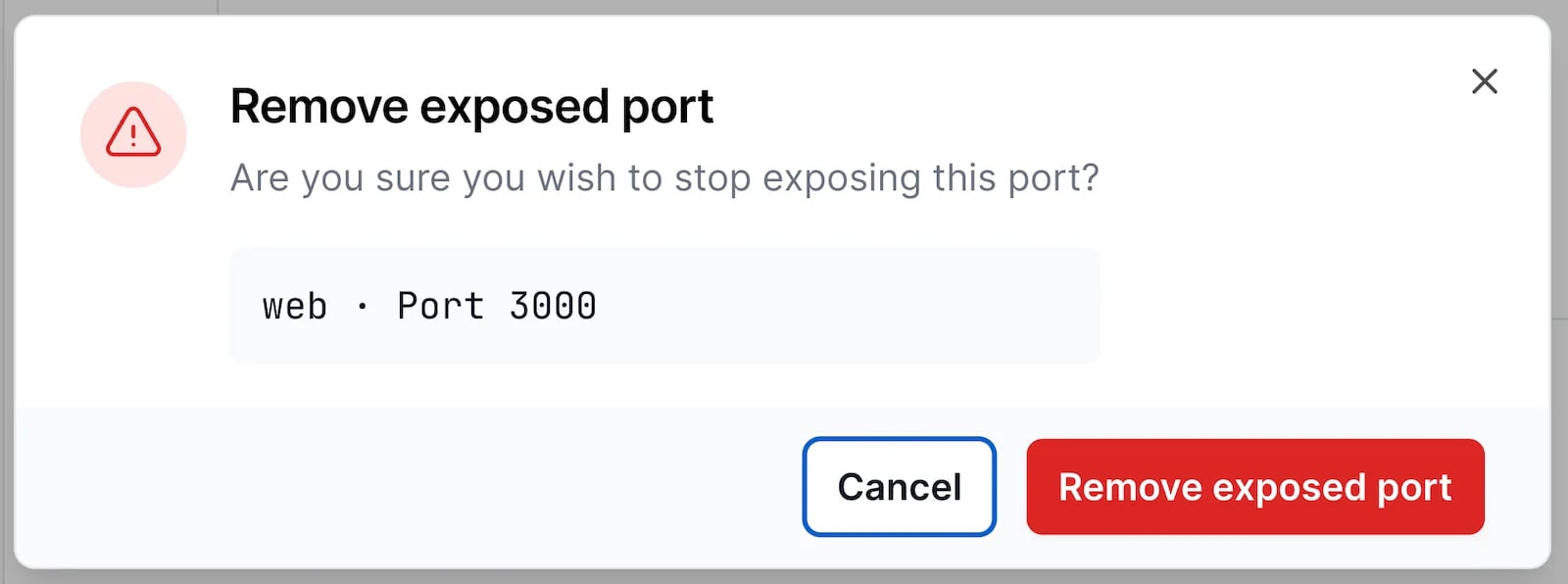 The Remove exposed port confirmation dialog for the web URL on port 3000