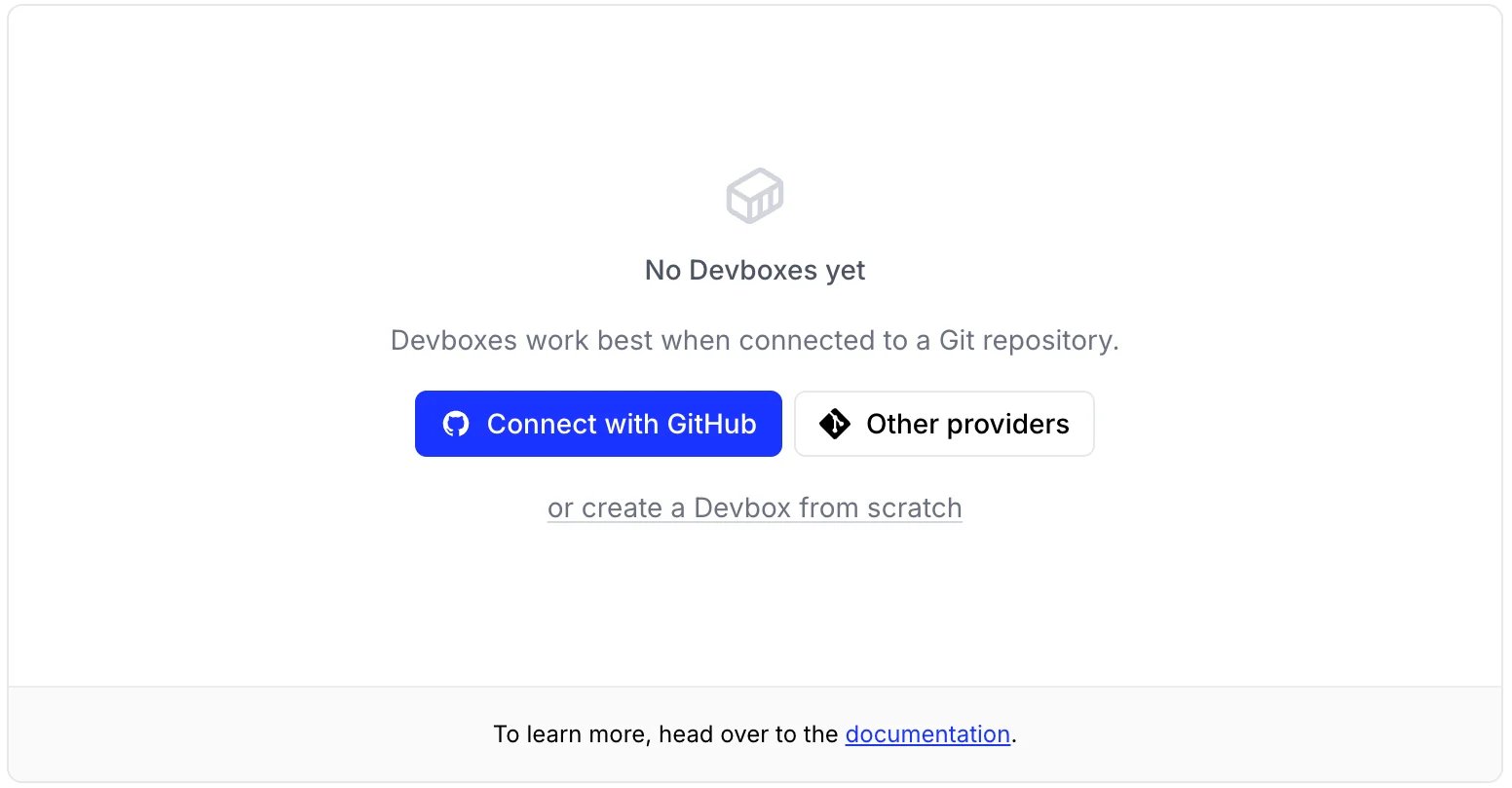 Devboxes empty state with options to connect GitHub, select another provider, or create a Devbox from scratch