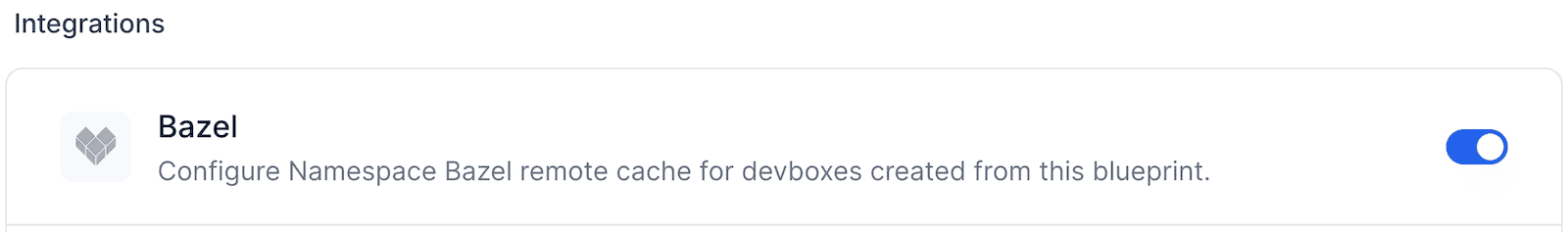 Bazel toggle in the Integrations section of a Devbox blueprint
