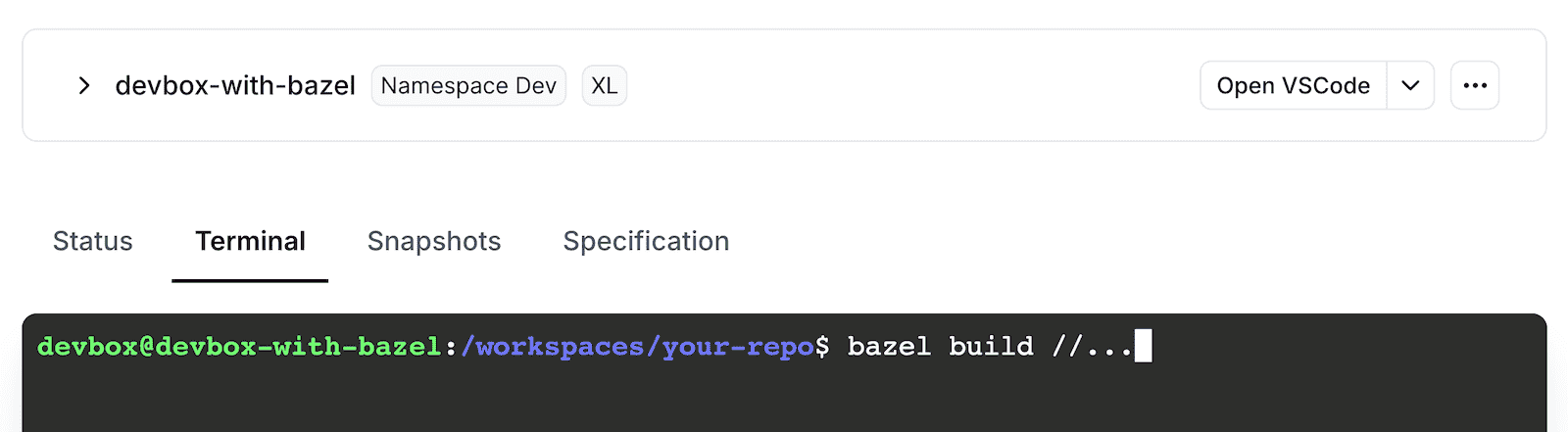 Terminal on a Devbox in the Namespace dashboard