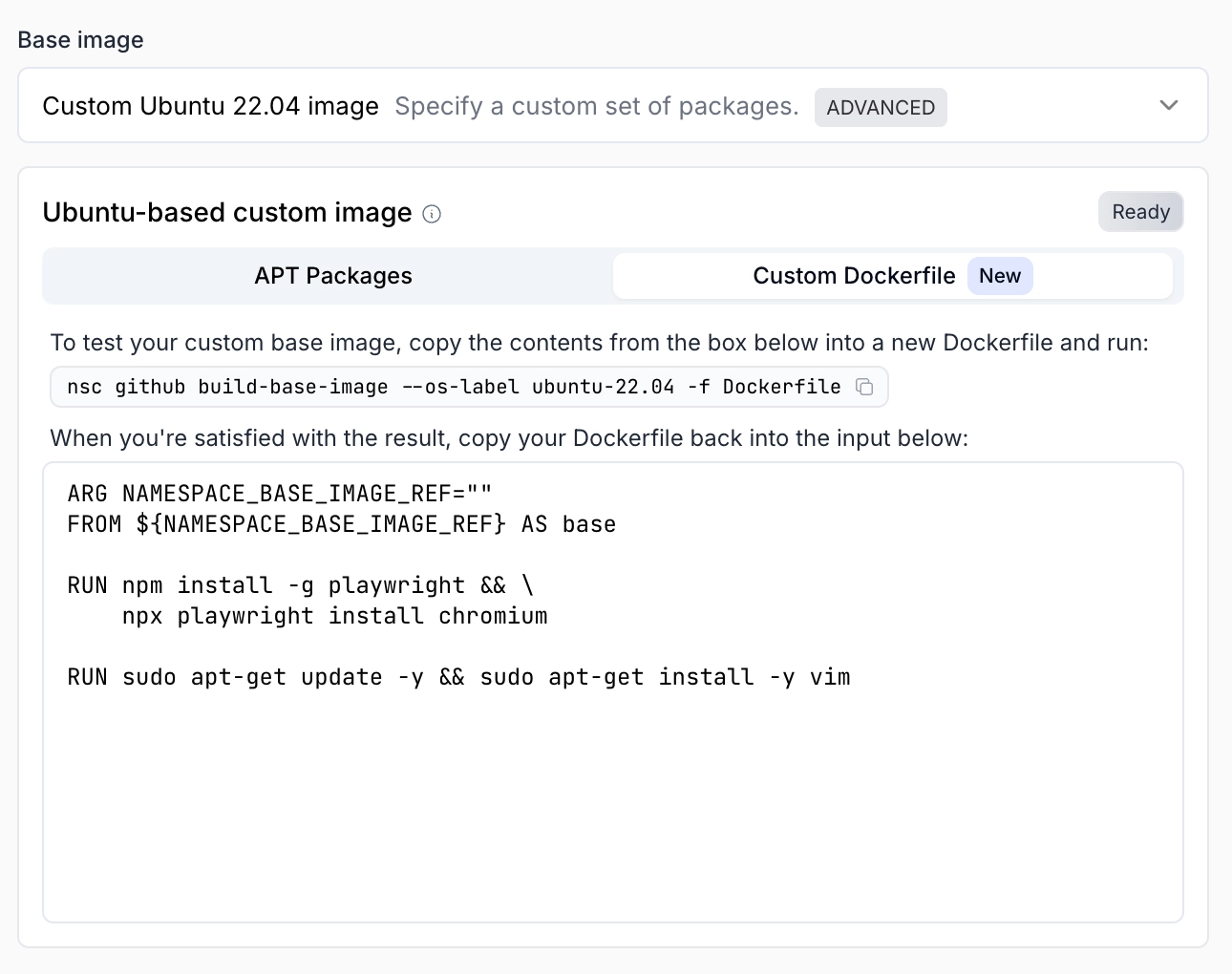 Custom Dockerfile ready