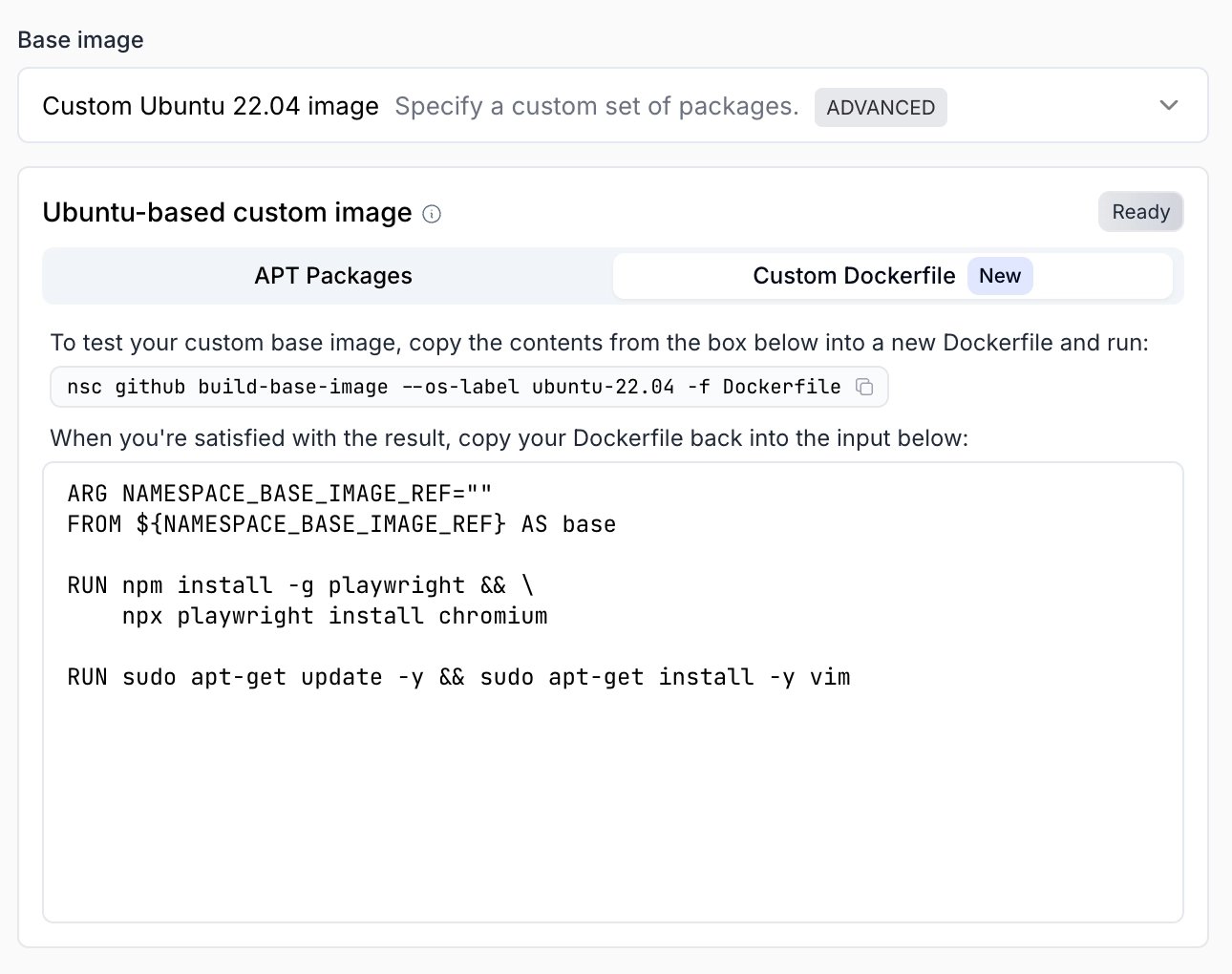 Custom Dockerfile ready
