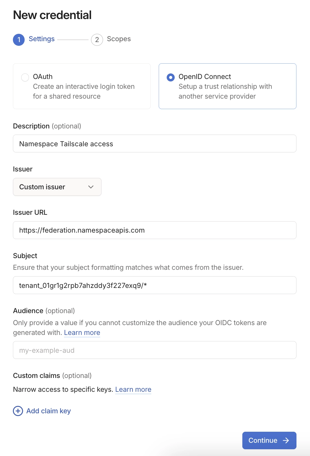 Tailscale OpenID Connect trust credential settings