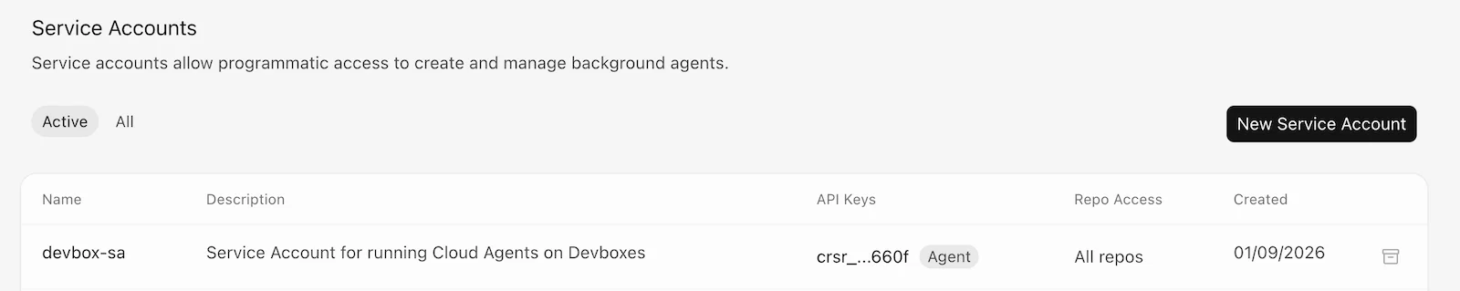 Creating a service account in the Cursor dashboard