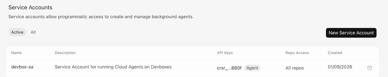 Creating a service account in the Cursor dashboard