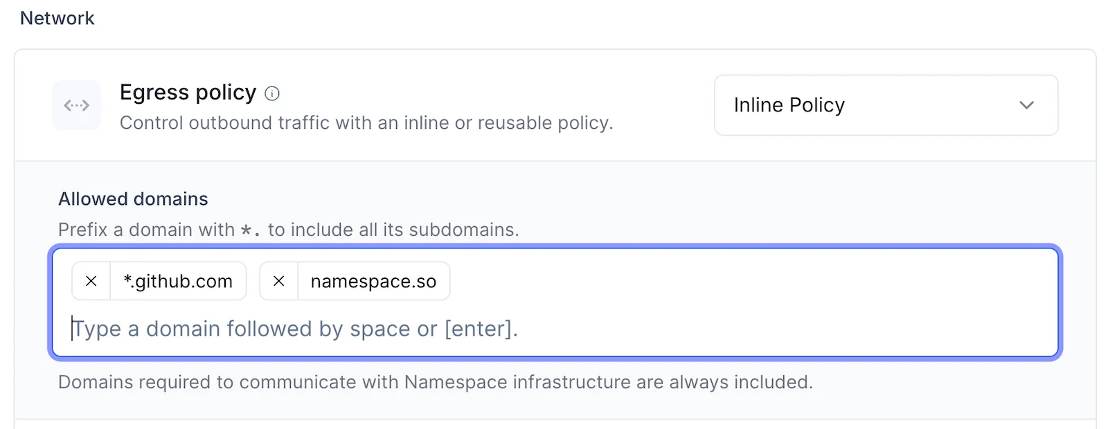 The Egress policy section of a blueprint with two allowed domains