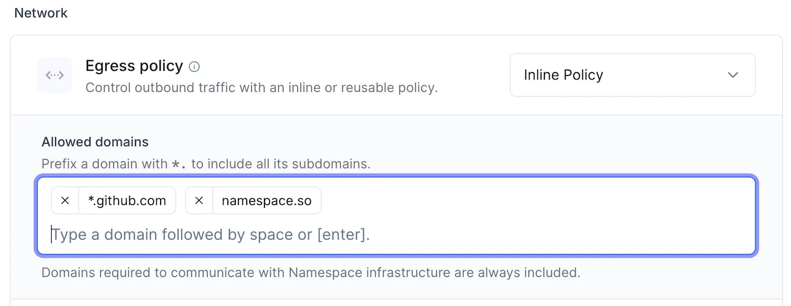 The Egress policy section of a blueprint with two allowed domains