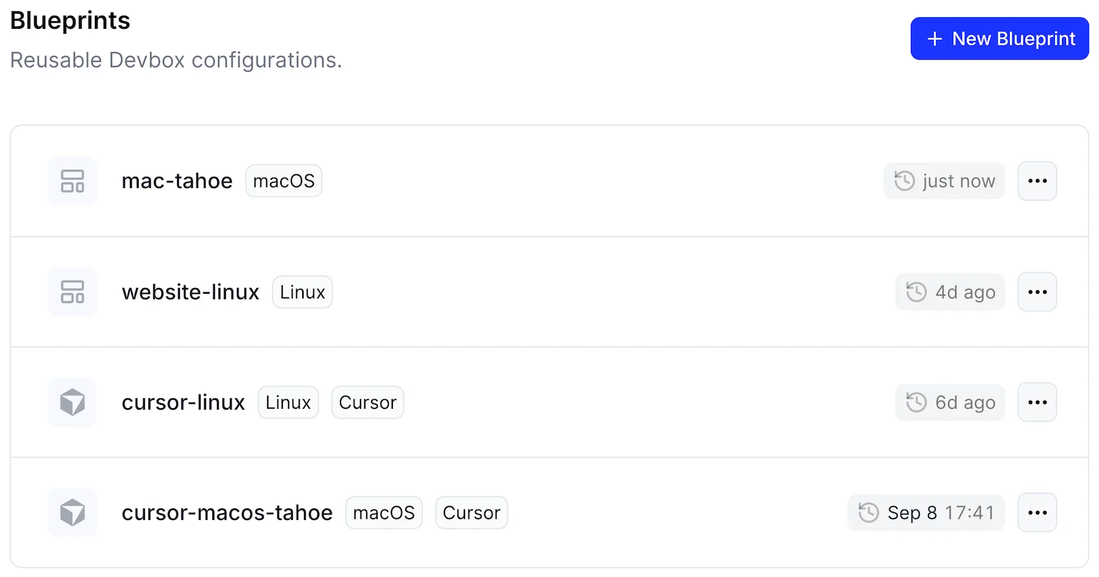 The Blueprints page listing blueprints with their operating system and last update time