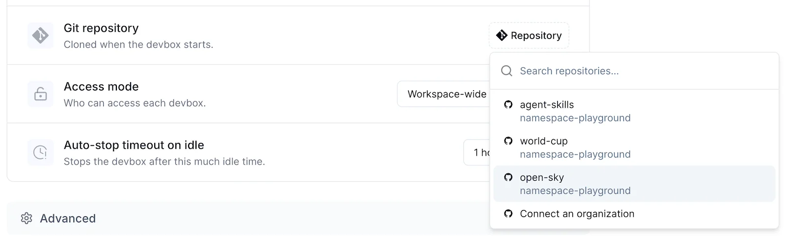 The Git repository row on a blueprint with the repository picker open