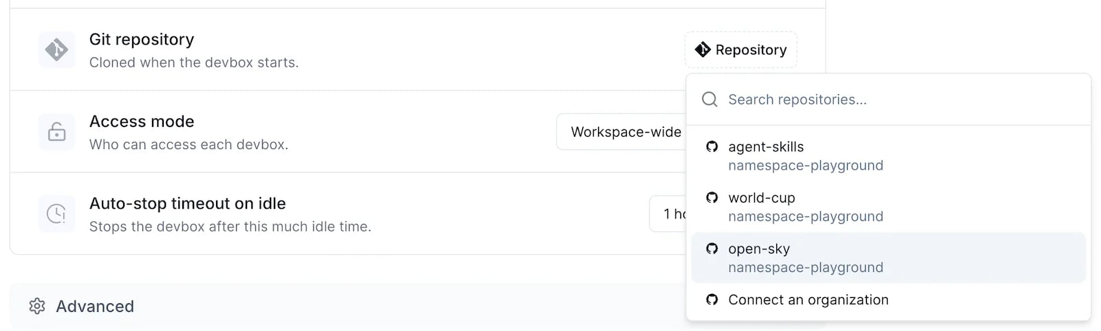 The Git repository row on a blueprint with the repository picker open