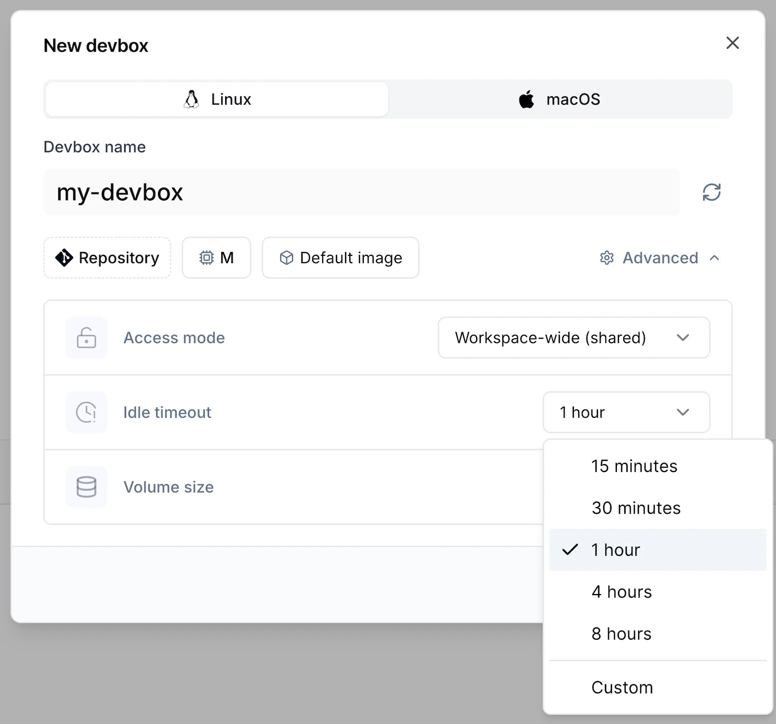 The Advanced section of the New devbox dialog with the idle timeout list open