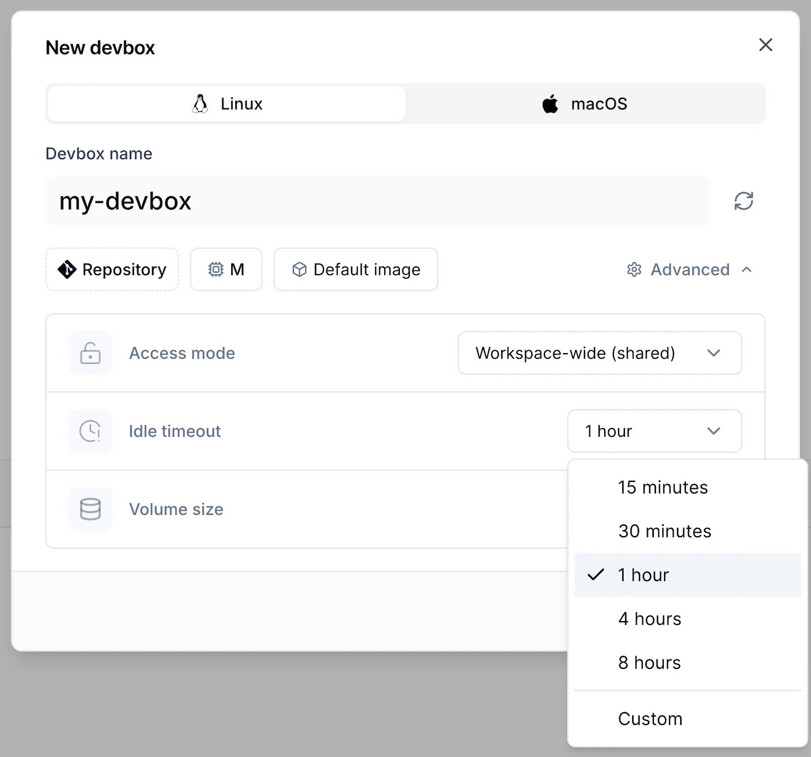The Advanced section of the New devbox dialog with the idle timeout list open
