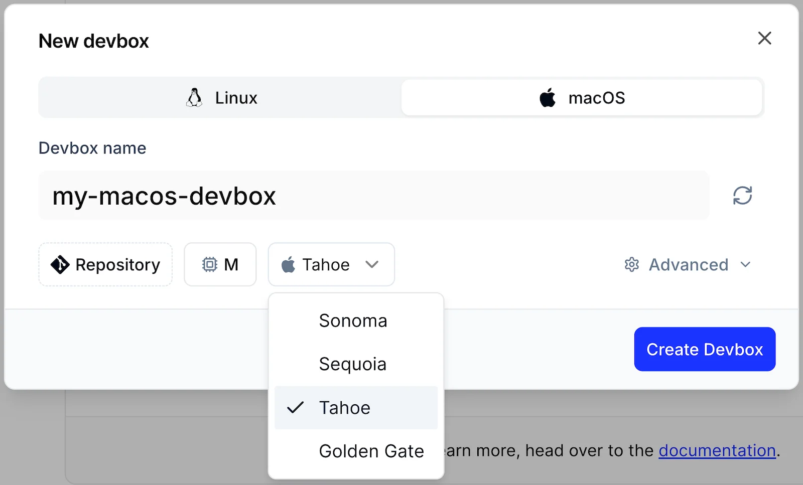 The New devbox dialog with macOS selected and the version list open
