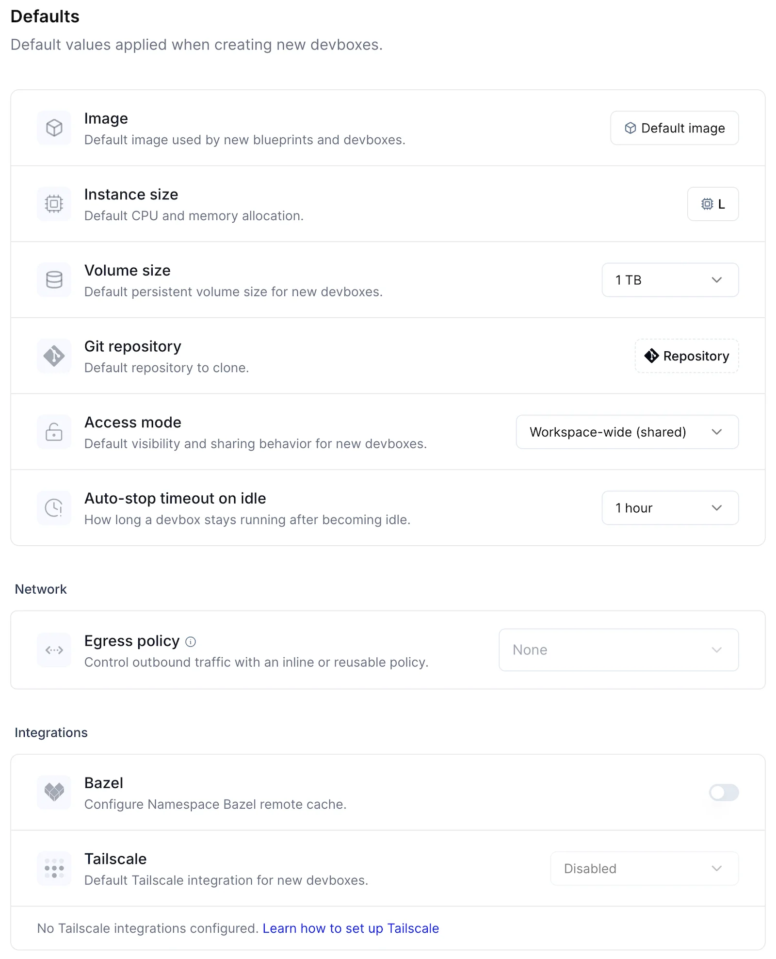 The workspace Defaults page showing image, size, volume, repository, access mode, idle timeout, network, and integration defaults