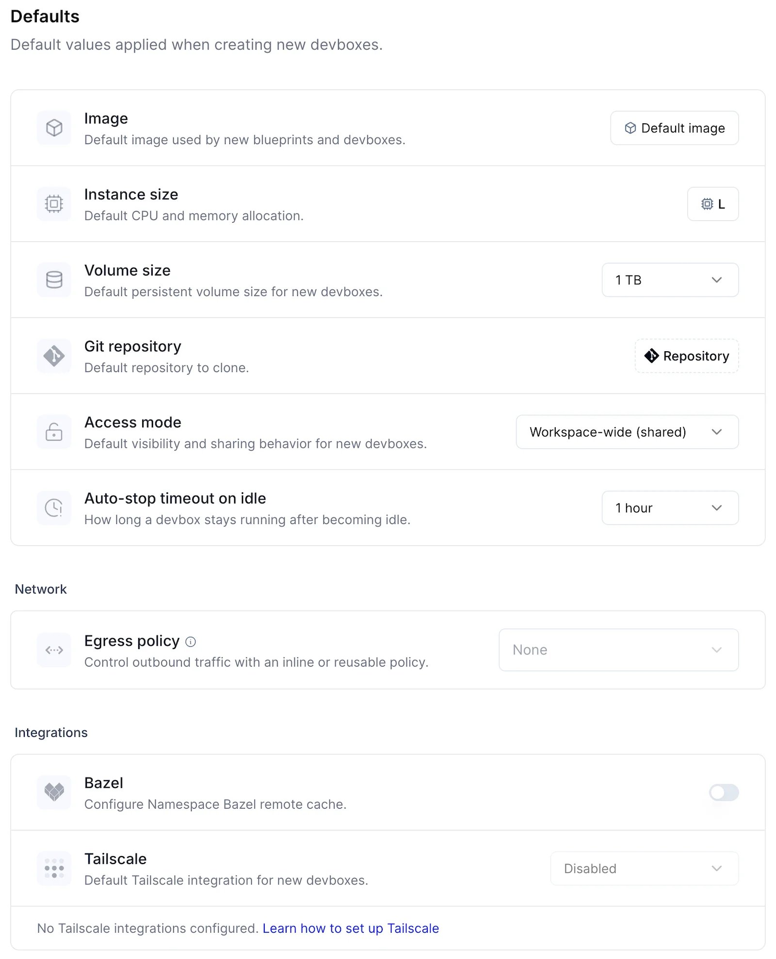 The workspace Defaults page showing image, size, volume, repository, access mode, idle timeout, network, and integration defaults