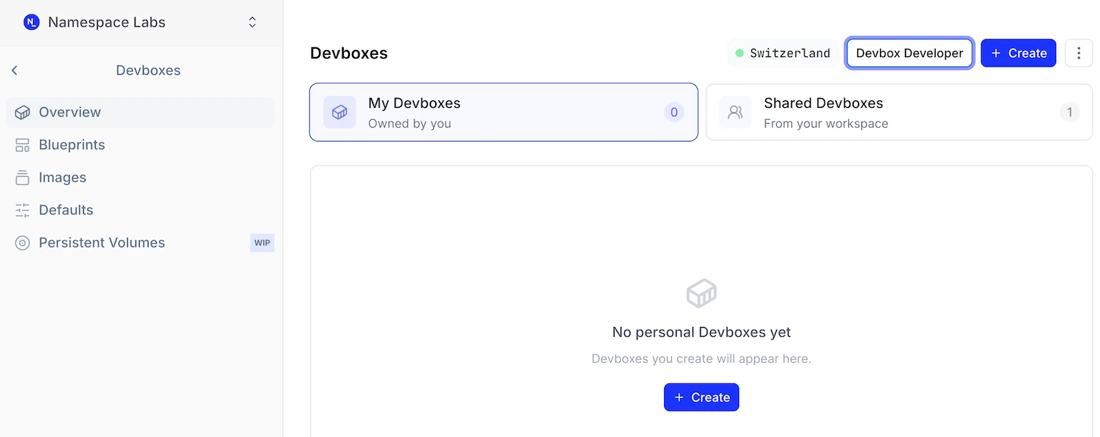 The Devboxes page with the + Create button in the top right