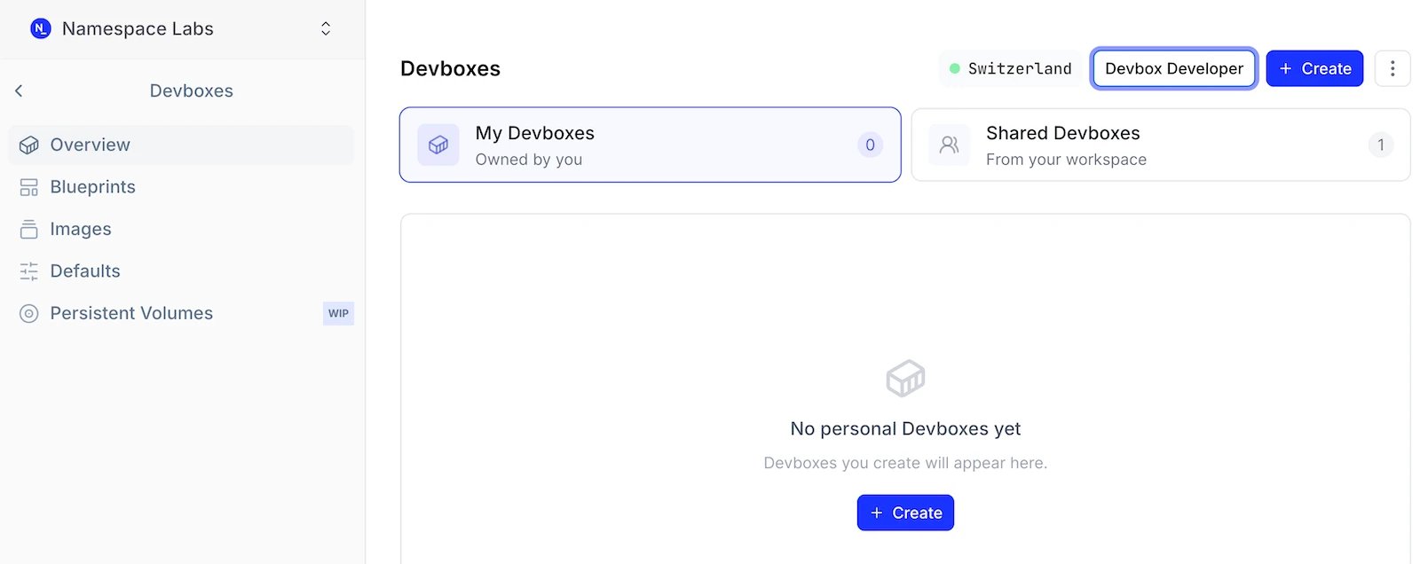 The Devboxes page with the + Create button in the top right
