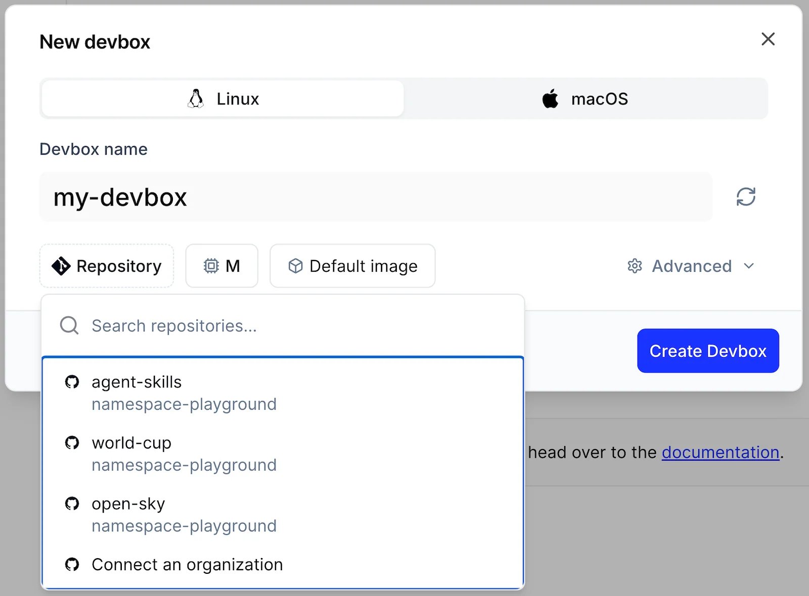 The New devbox dialog with the repository list expanded