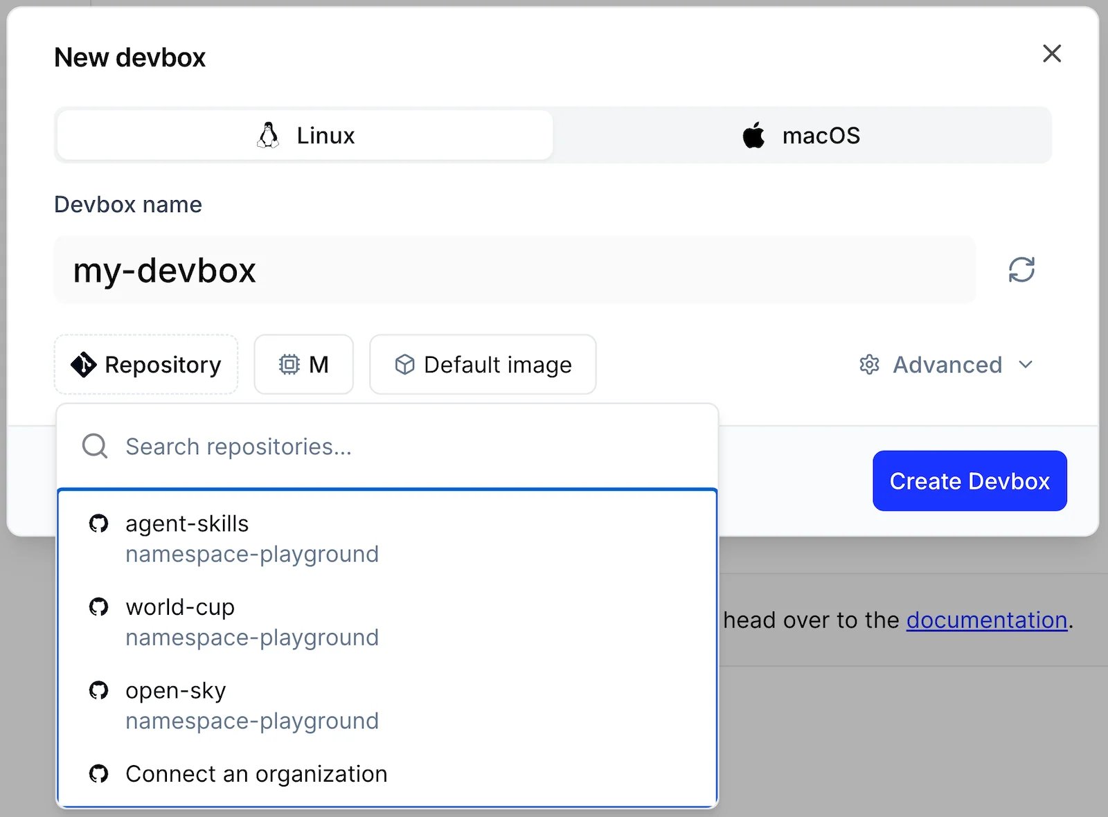 The New devbox dialog with the repository list expanded