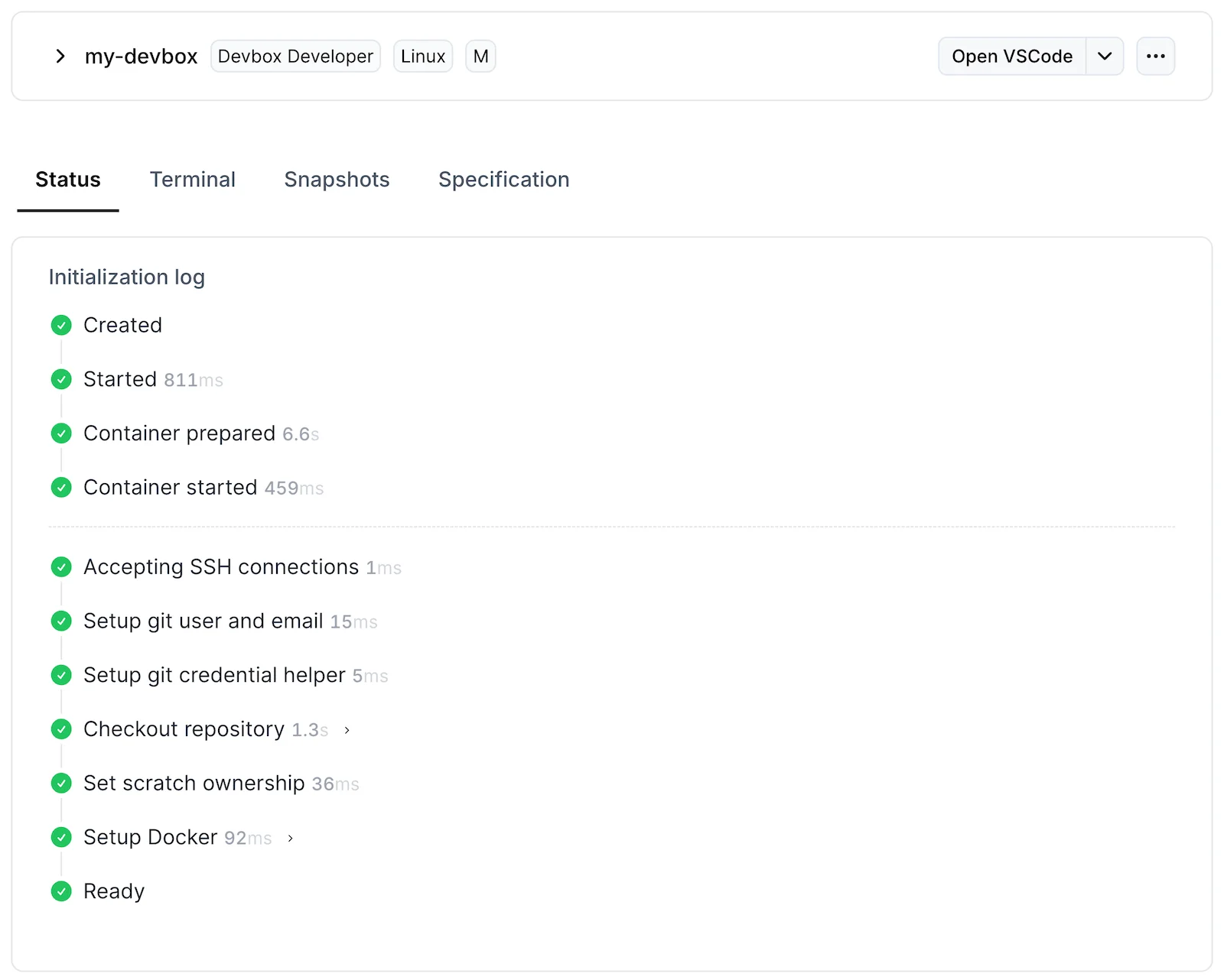 Devbox dashboard with initialization log