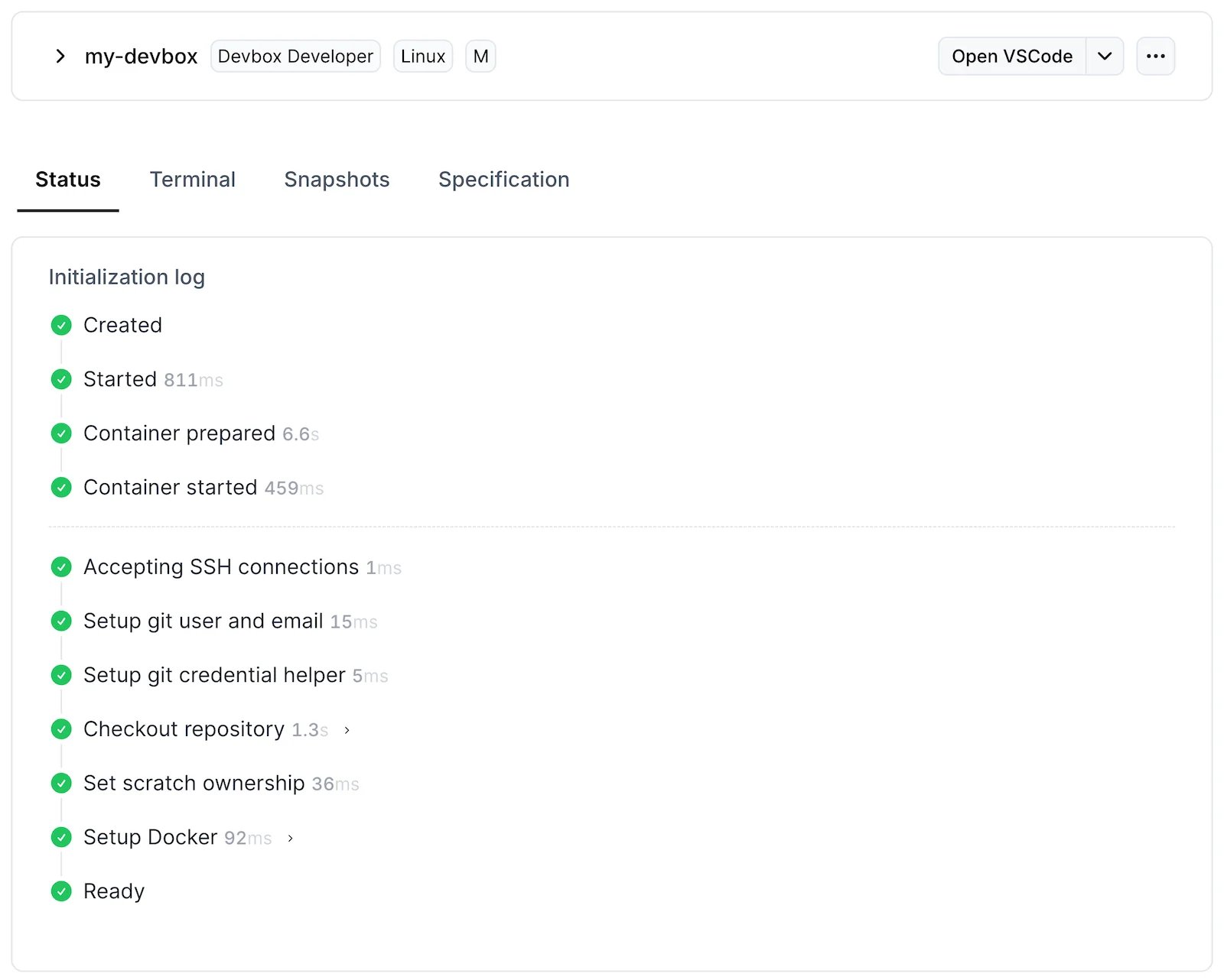 Devbox dashboard with initialization log