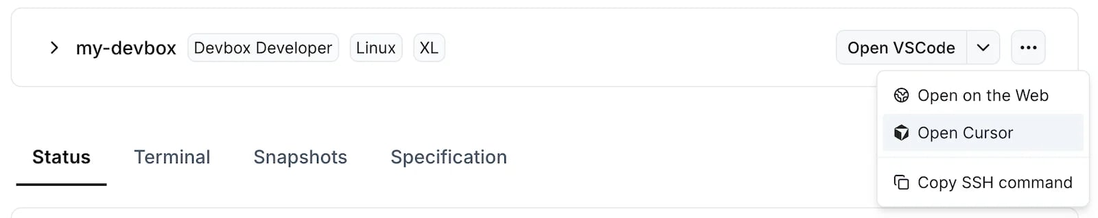 The Open VSCode dropdown on a Devbox with Open Cursor selected
