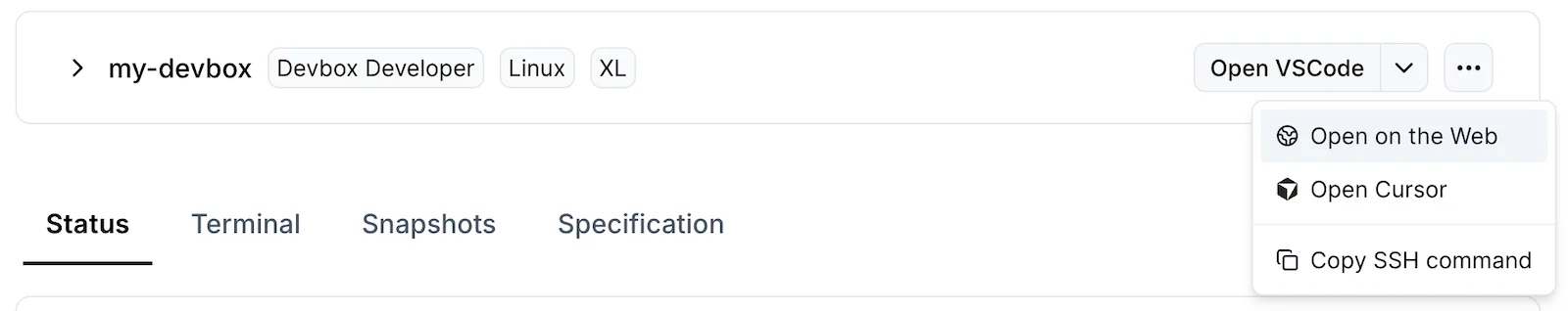 The Open VSCode button on a Devbox with its dropdown open