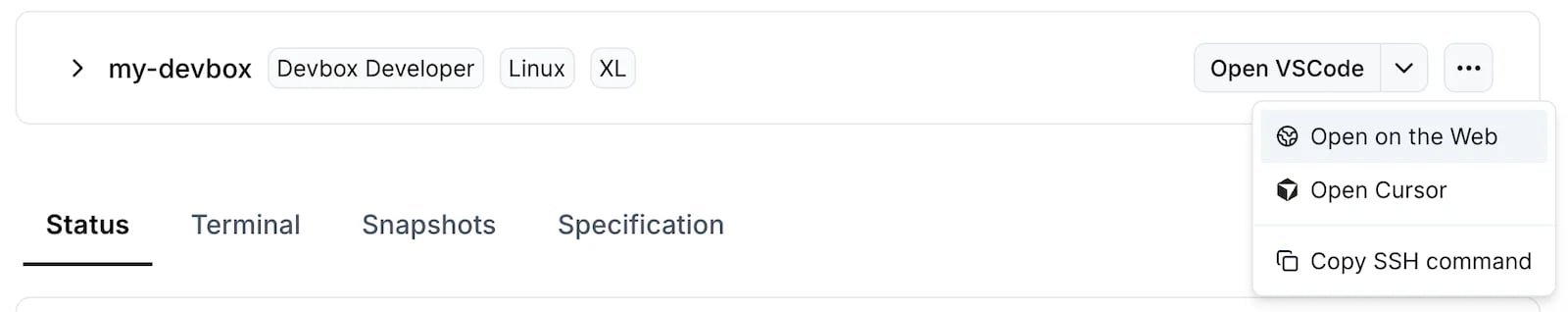 The Open VSCode button on a Devbox with its dropdown open