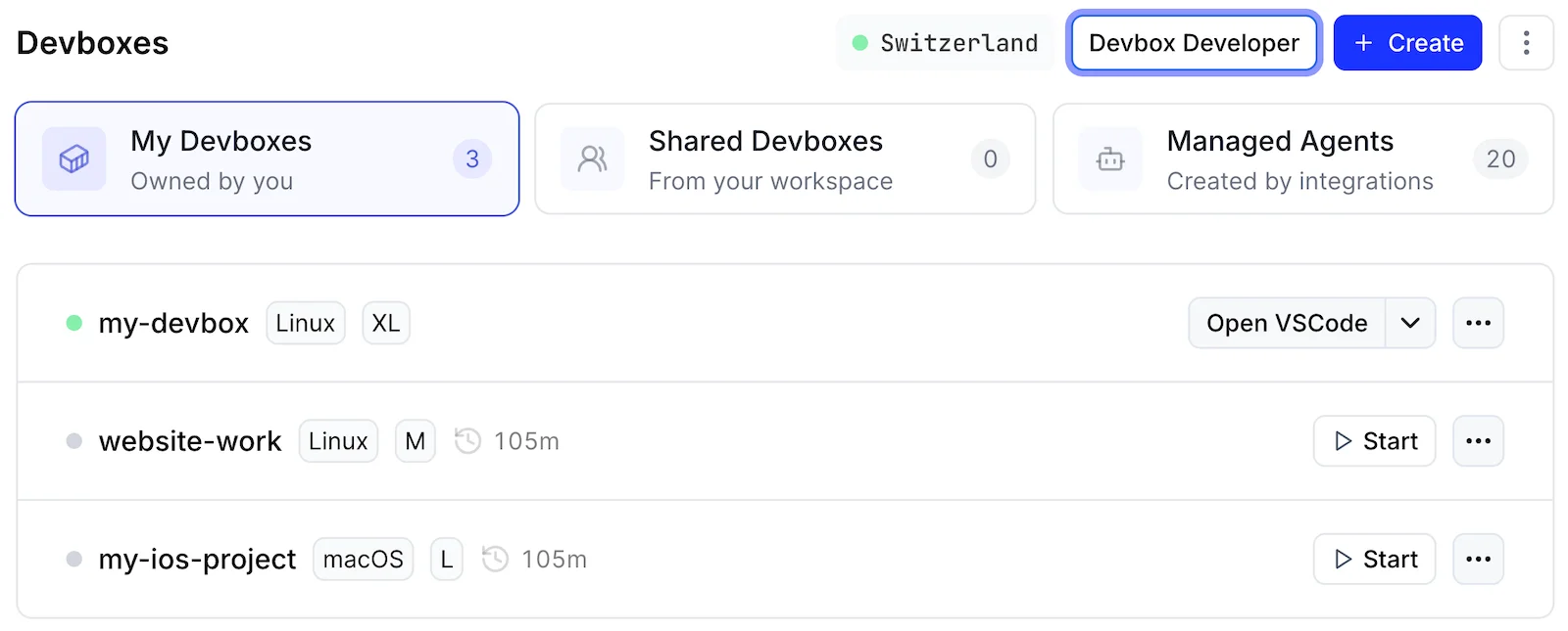 The Devboxes page listing Devboxes with their OS, size, idle time, and state