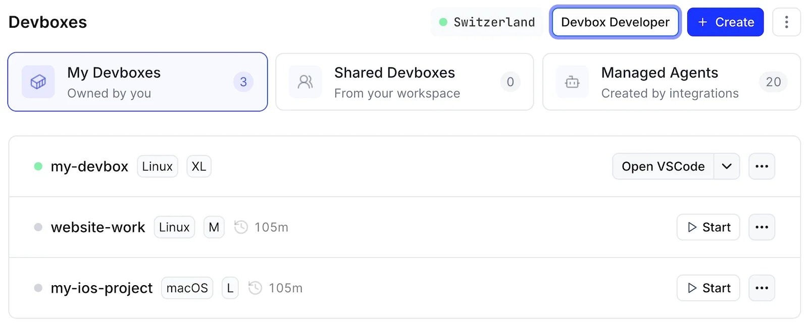 The Devboxes page listing Devboxes with their OS, size, idle time, and state