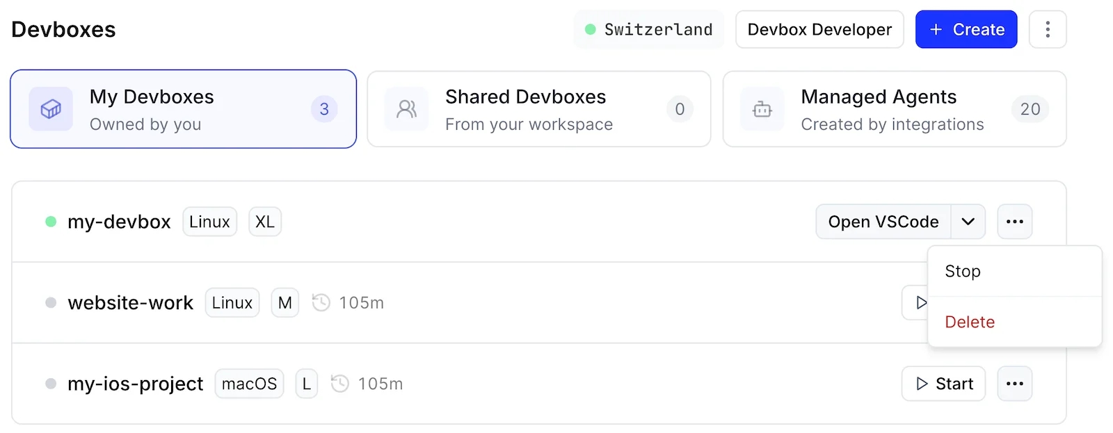 The Devboxes page with the context menu open on a running Devbox, showing Stop and Delete