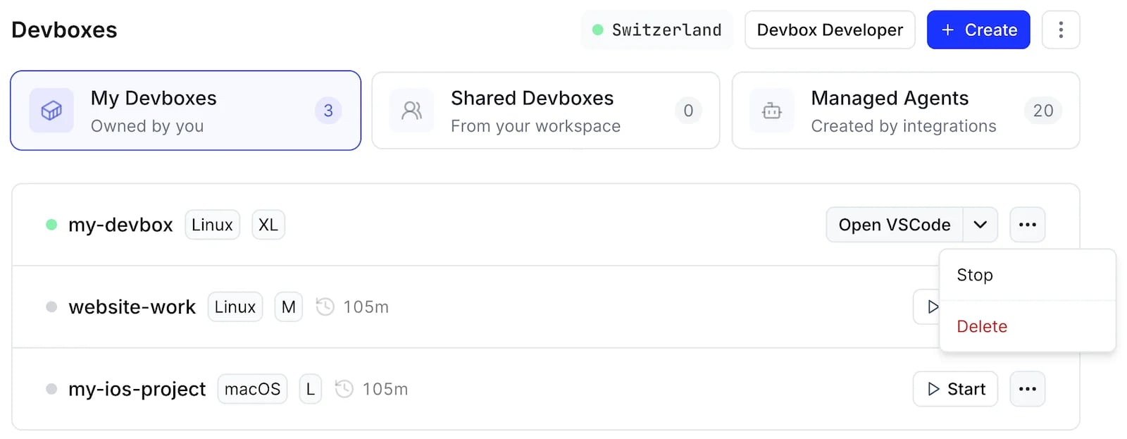 The Devboxes page with the context menu open on a running Devbox, showing Stop and Delete