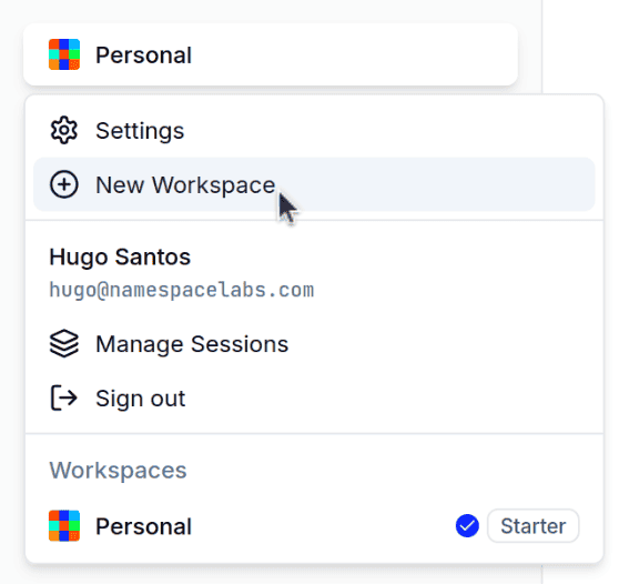 Workspace selector dropdown menu, cursor on New Workspace button